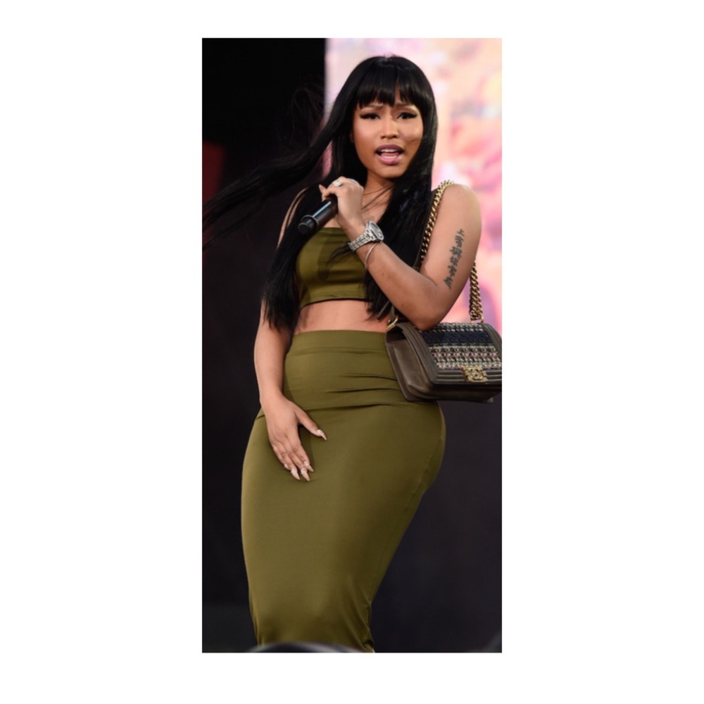 A sexy long olive oil skirt